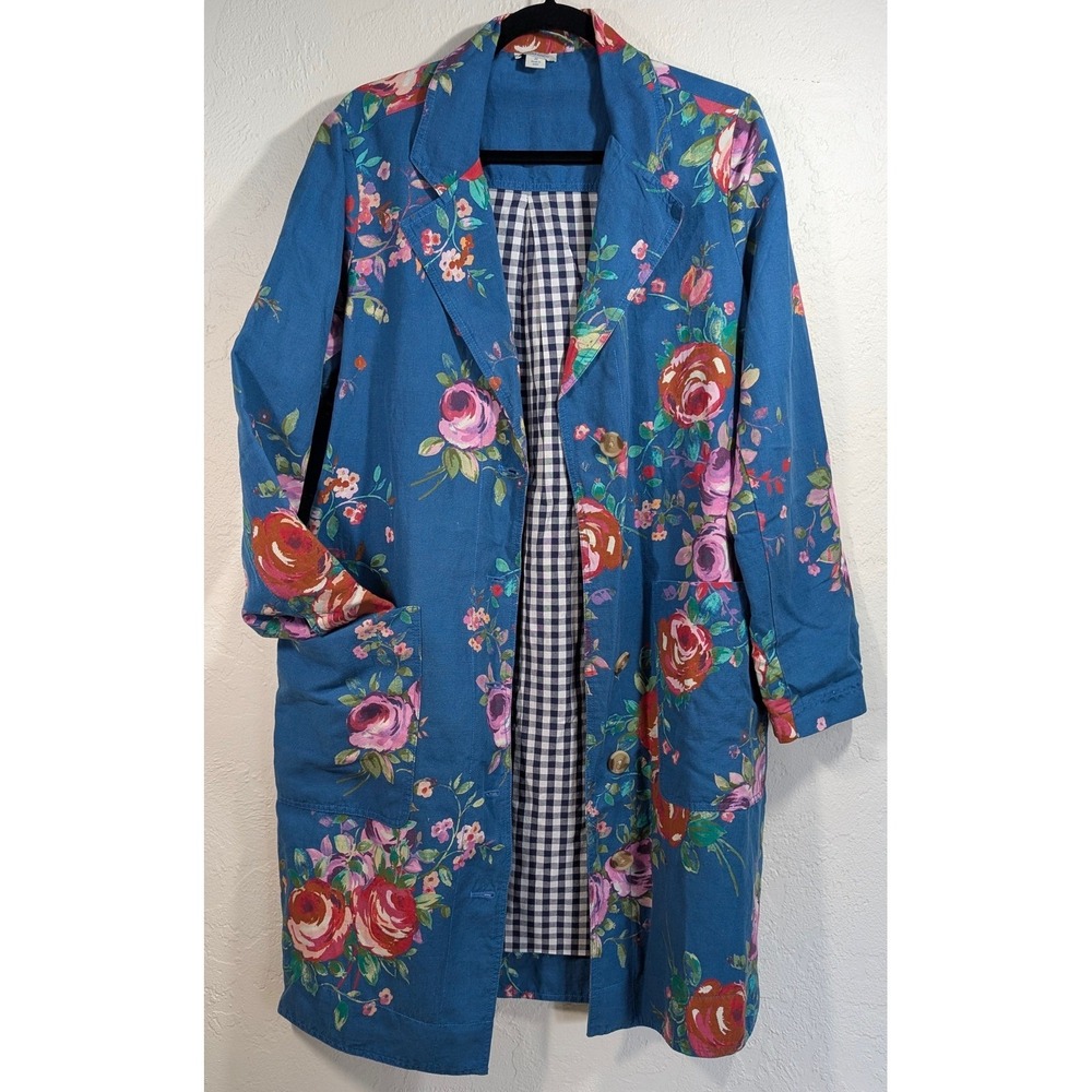 Sundance Royal Botanical Topper‎ Coat Womens Medium Blue Floral Gingham Lining
